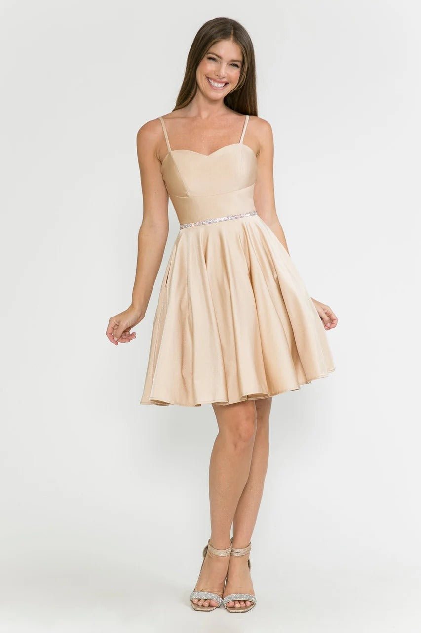 Satin Homecoming Dres Spaghetti Straps A Line Short Cocktail Dress with Pockets Ms10235