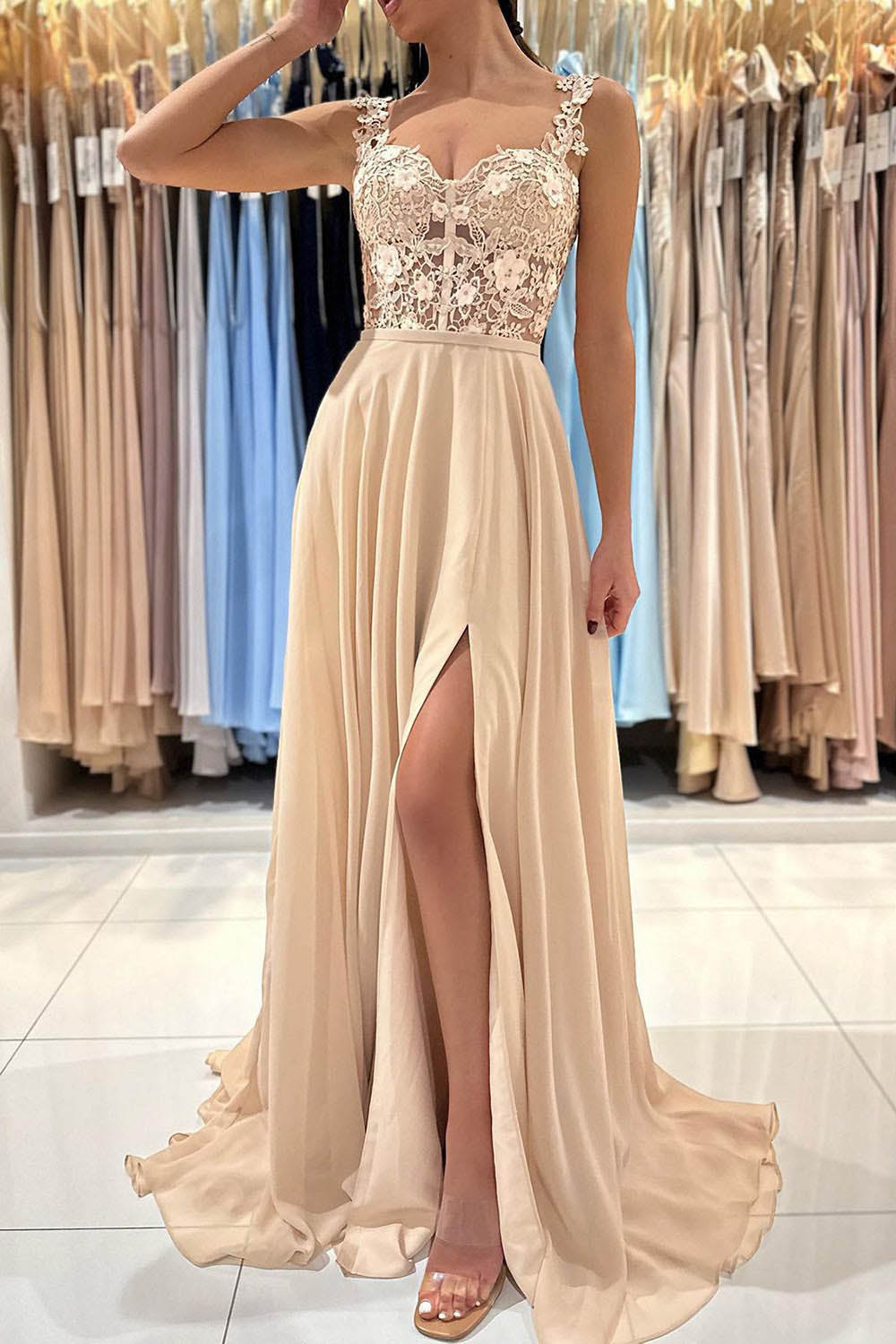 Spaghetti Straps High Slit Party Dress Corset Prom Dress with Appliques Ms2509263