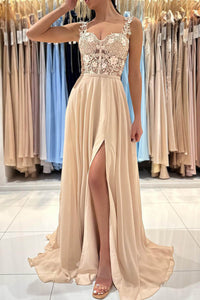 Spaghetti Straps High Slit Party Dress Corset Prom Dress with Appliques Ms2509263