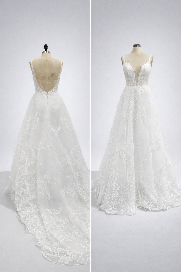 3D Lace Appliqué Bridal Dress Deep V Neck sexy A-Line Wedding Gown Beach Bride Dress Ms205106