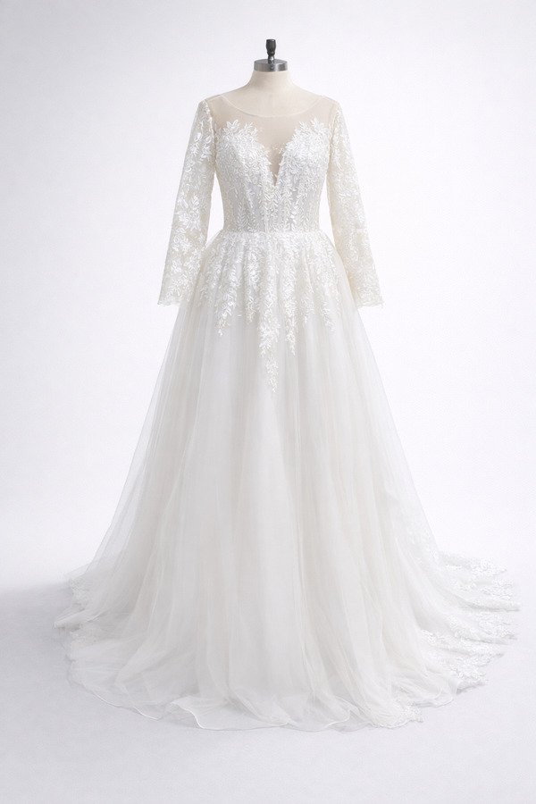 Romantic Illusion Long Sleeve Lace Wedding Dress Tulle Boho Bridal Gown Ms2505222