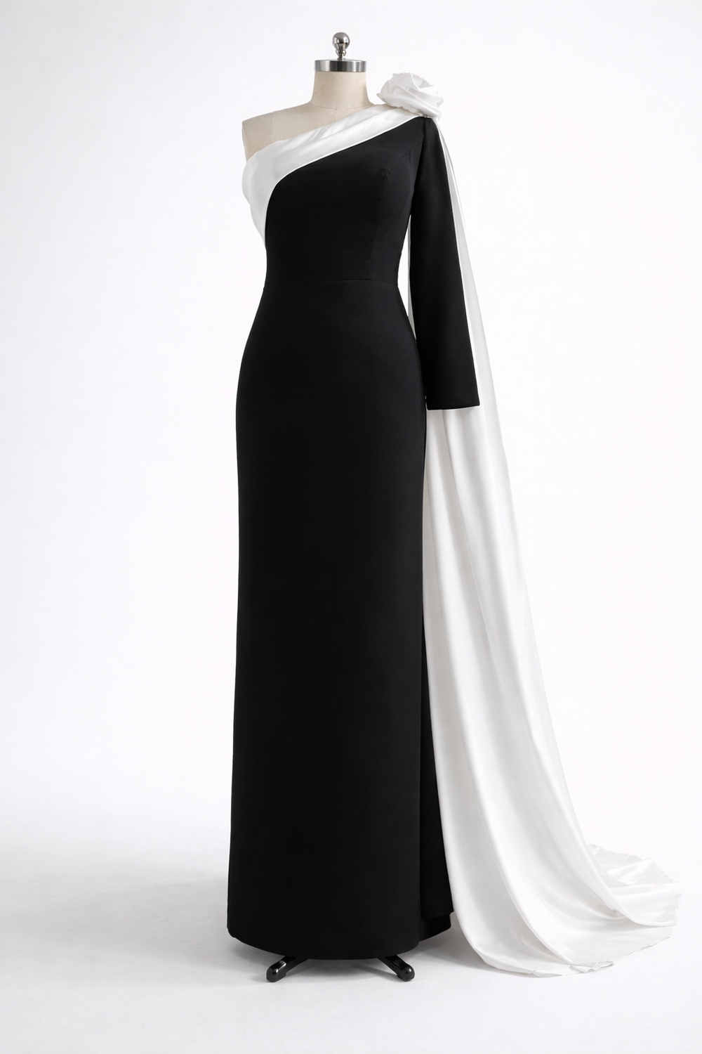 Black and White One Shoulder Evening Dress Flower Long Drape Prom Dres –  Msikoods Official Store