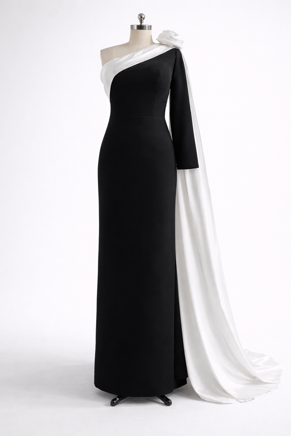 Black and White One Shoulder Evening Dress Flower Long Drape Prom Dress Ms2506071