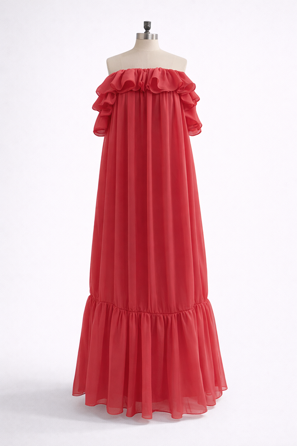 Off Shoulder Prom Dress Tiered Chiffon Formal Gown for Wedding Party Ms2506121