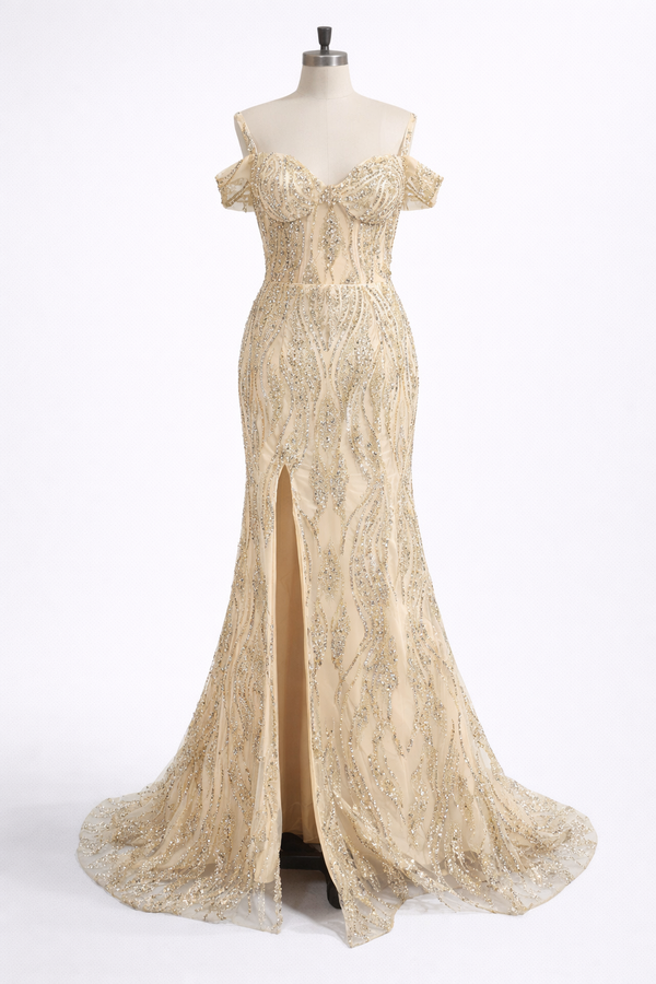 Sparkly Appliques Prom Dress Golden Layered High Slit Corset Evening Dress Ms2507195