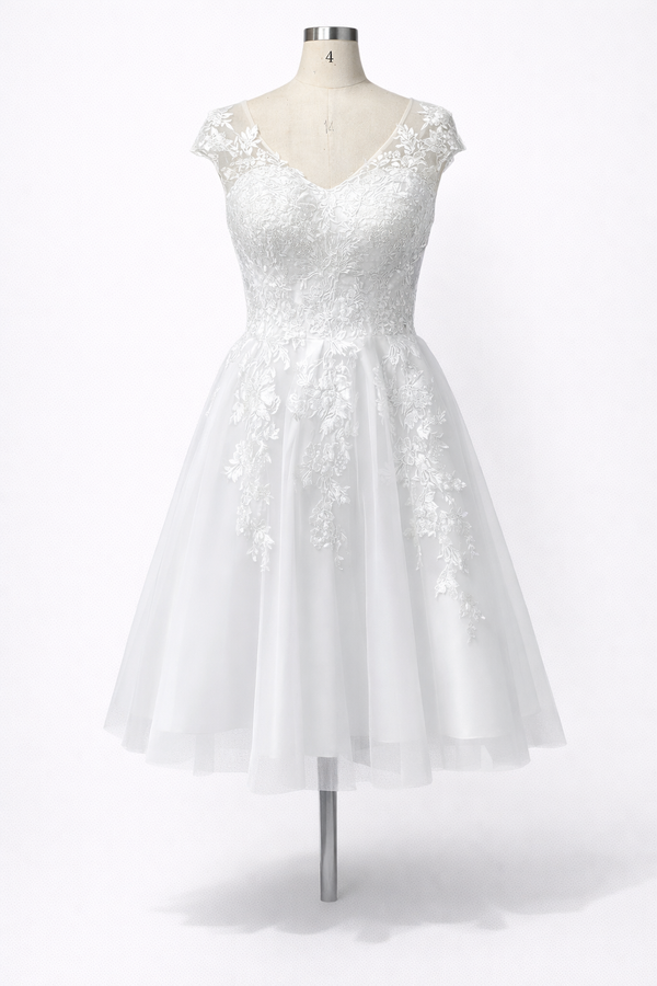 Women's Short Wedding Dresses for Bride Tea Length Lace Bridal Gowns A-Line Wedding Gowns