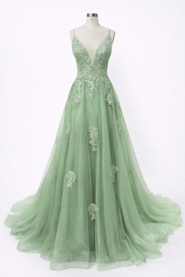 V Neck Prom Dress A-Line Spaghetti Straps Lace Applique Formal Gown Ms2509011