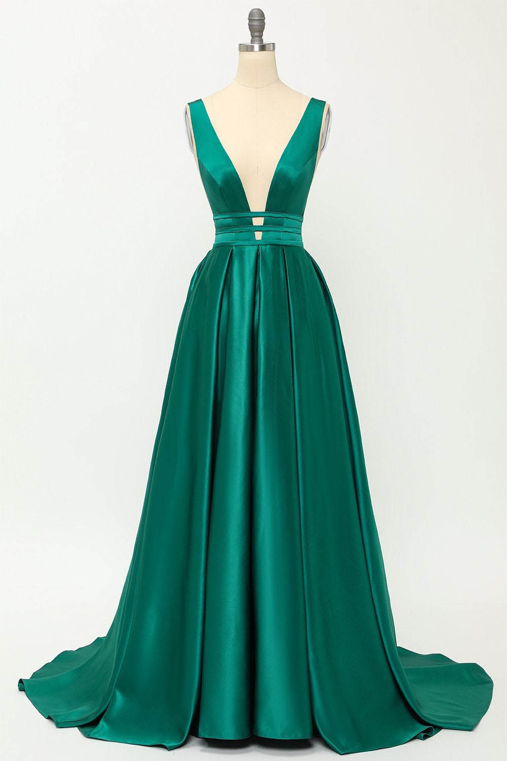 Deep V-Neck Pleated A-Line Prom Dress Satin Backless Evening Dress Ms2510165