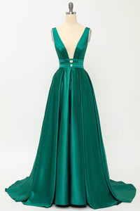 Deep V-Neck Pleated A-Line Prom Dress Satin Backless Evening Dress Ms2510165