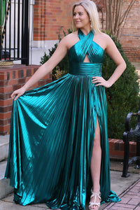 Pleated Halter Prom Dress High Slit Shiny Elegant Evening Party Dress Ms2511082