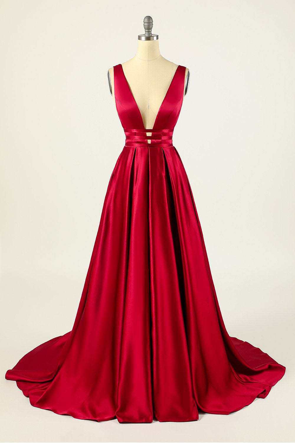 Deep V-Neck Pleated A-Line Prom Dress Satin Backless Evening Dress Ms2510165
