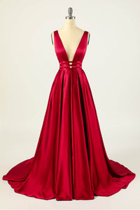 Deep V-Neck Pleated A-Line Prom Dress Satin Backless Evening Dress Ms2510165
