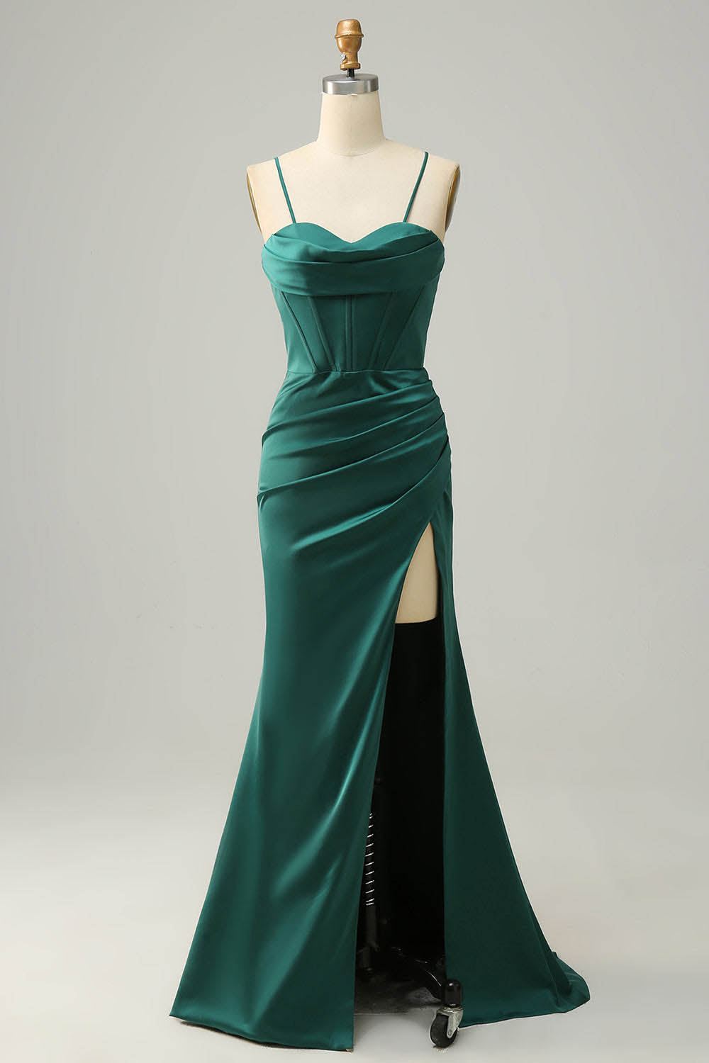 Satin Evening Gown Sexy Spaghetti Strap Corset Prom Dress With Slit Ms2510161