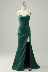 Satin Evening Gown Sexy Spaghetti Strap Corset Prom Dress With Slit Ms2510161