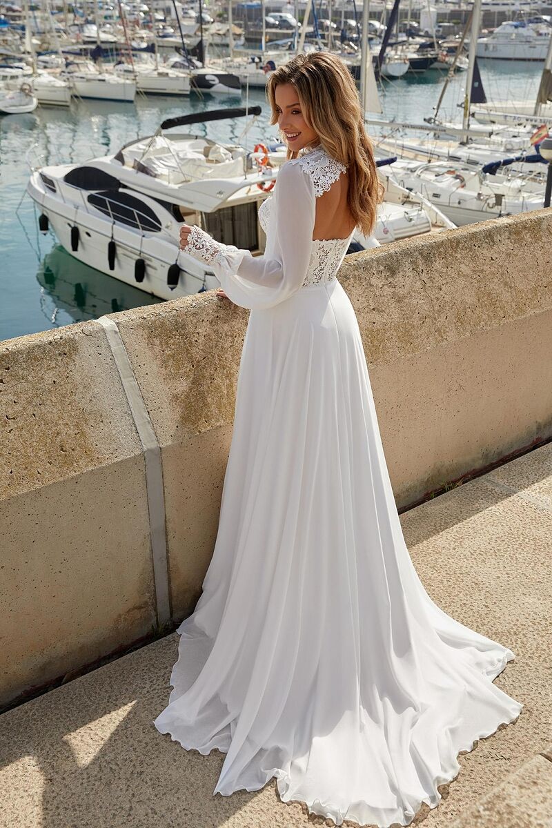 High Neck Lace Wedding Dresses Long Sleeve Chiffon Bridal Dress With Slit Ms2603019