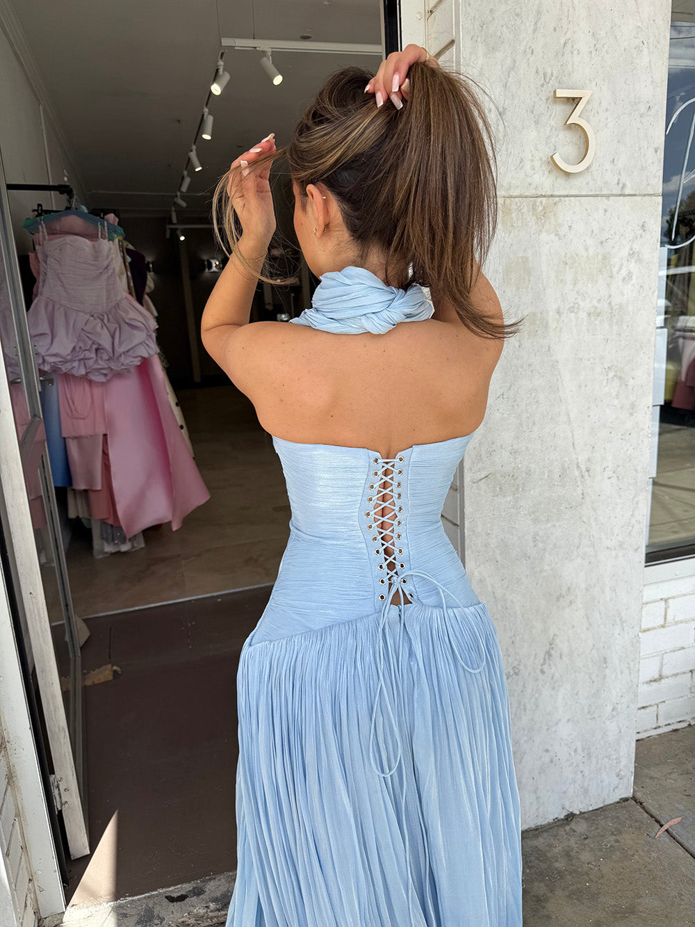 Deep V Neck Pleated Evening Dress High Slit Lace Up Prom Dress Ms2604273