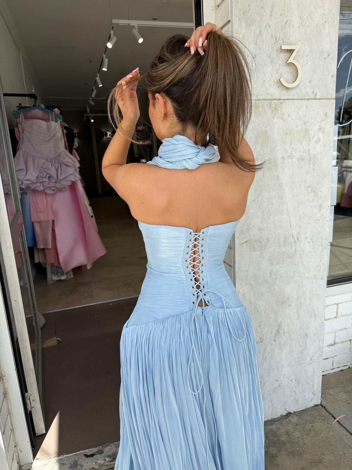 Sexy Deep V Halter Long Prom Dress Ruched Waist Flowing Formal Evening Gown Ms26041441