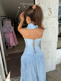 Sexy Deep V Halter Long Prom Dress Ruched Waist Flowing Formal Evening Gown Ms26041441