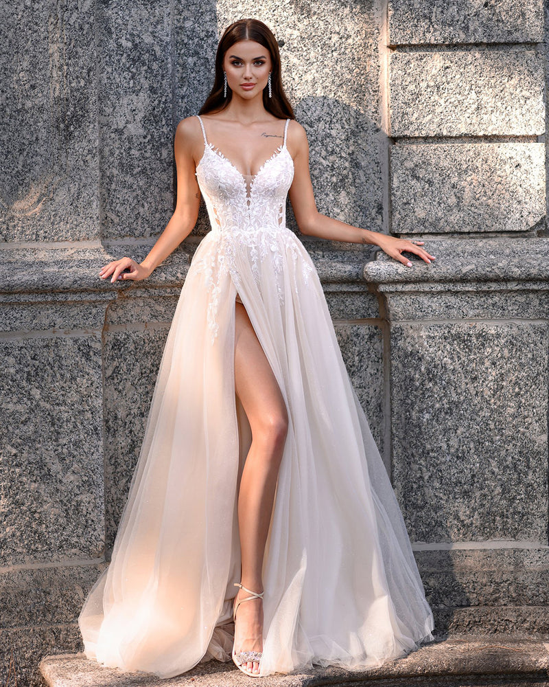 Romantic Lace Spaghetti Strap Wedding Dress High Slit Sexy Bridal Gown Ms2505243