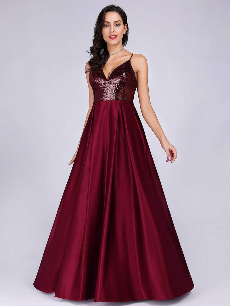 Burgundy Sequin V Neck Spaghetti Strap A Line Evening Gown Satin Prom Dress Ms2601243