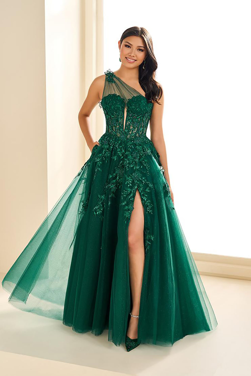 Corset Prom Dresses One Shoulder Applique Tulle Evening Gown with High Slit Ms2601144