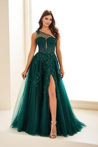 Corset Prom Dresses One Shoulder Applique Tulle Evening Gown with High Slit Ms2601144