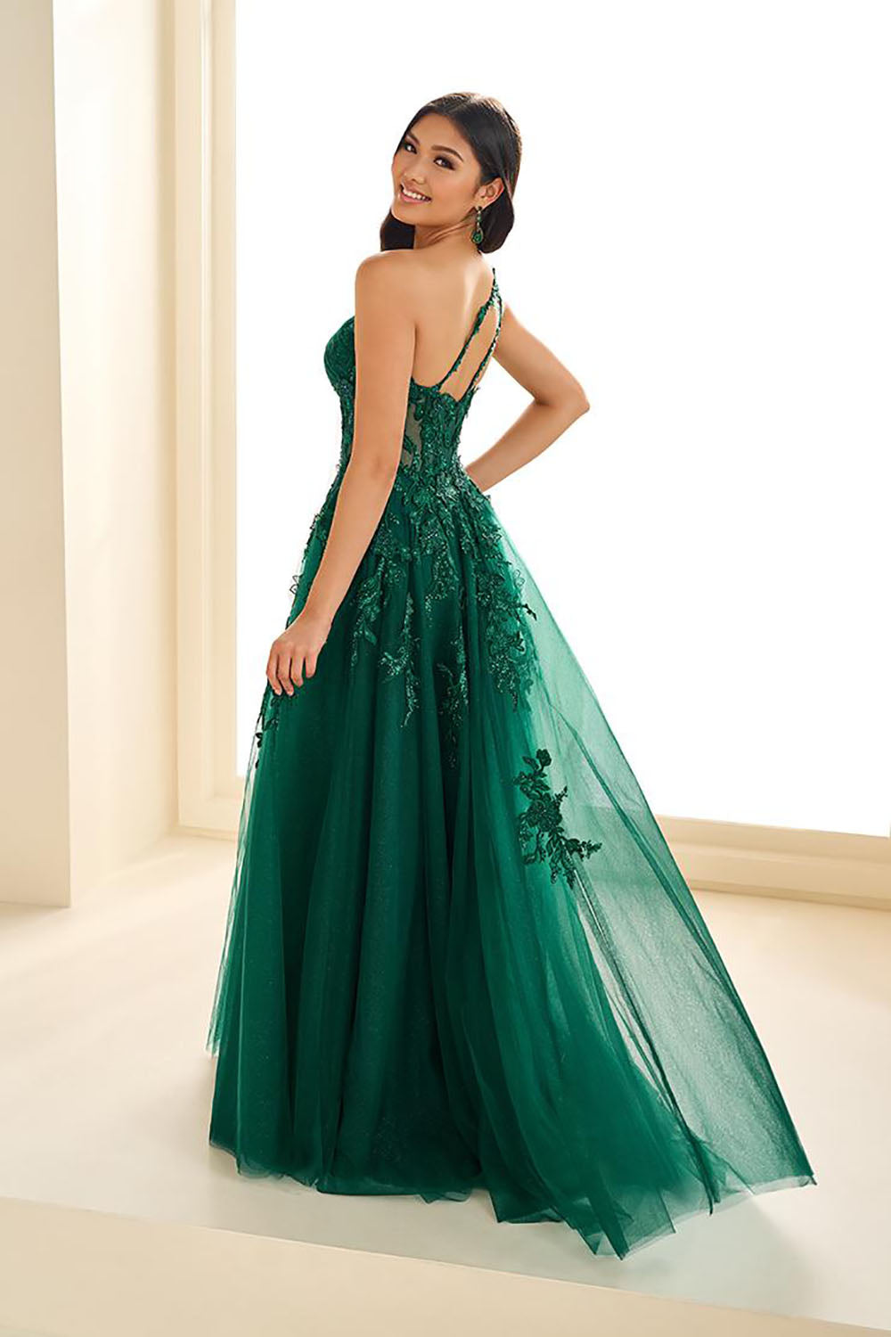 Corset Prom Dresses One Shoulder Applique Tulle Evening Gown with High Slit Ms2601144