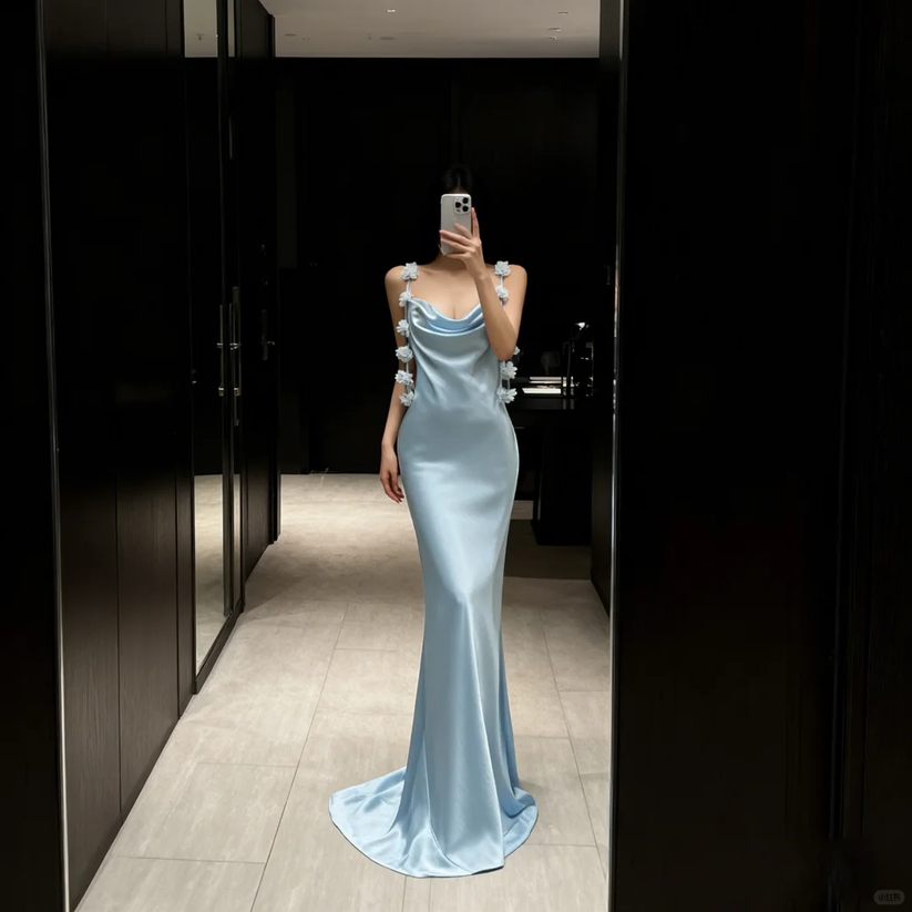 Satin Mermaid Evening Dress Cowl Neck Floral Strap Formal Evening Gown Backless Party Dress Ms2607211