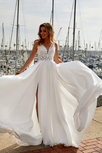 V Neck Lace Wedding Dresses Cape A Line Chiffon Bridal Gown With Slit Ms2603011