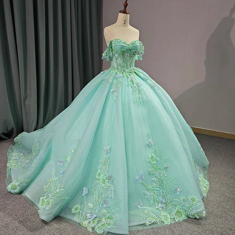 Robe de Quinceanera en forme de cœur pour femme, robe de bal, bretelles spaghetti, dentelle, appliques, robes Sweet 16 pour adolescentes