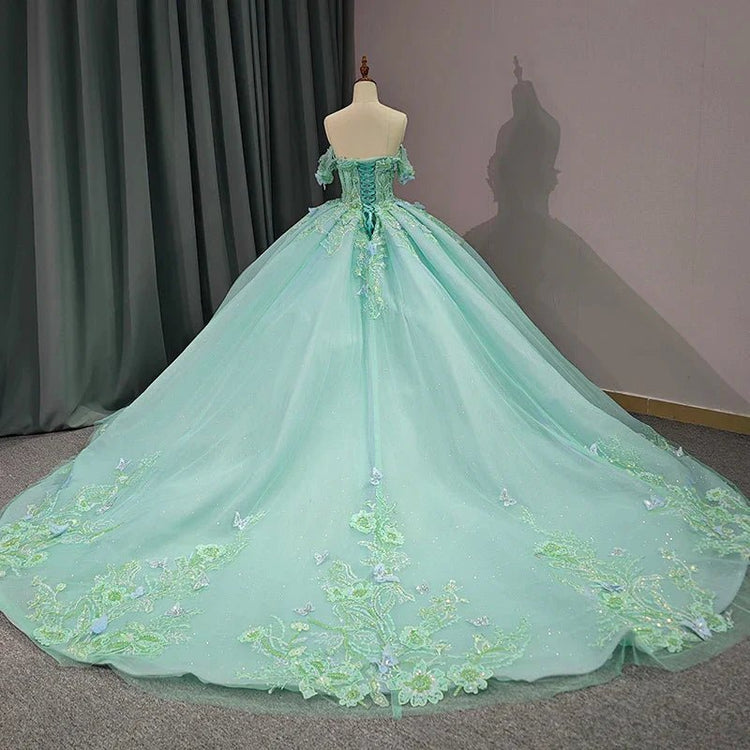 Robe de Quinceanera en forme de cœur pour femme, robe de bal, bretelles spaghetti, dentelle, appliques, robes Sweet 16 pour adolescentes