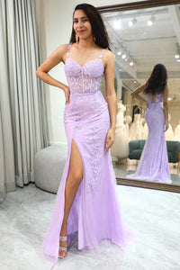 Lilac Lace Mermaid Prom Dress with Slit Appliqued Evening Dress Ms2511291