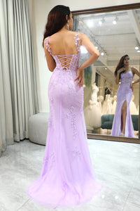 Lilac Lace Mermaid Prom Dress with Slit Appliqued Evening Dress Ms2511291