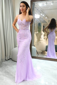 Lilac Lace Mermaid Prom Dress with Slit Appliqued Evening Dress Ms2511291