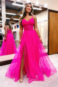 Spaghetti Strap Tulle Prom Dress Corset High Slit Evening Gown Ms2509261
