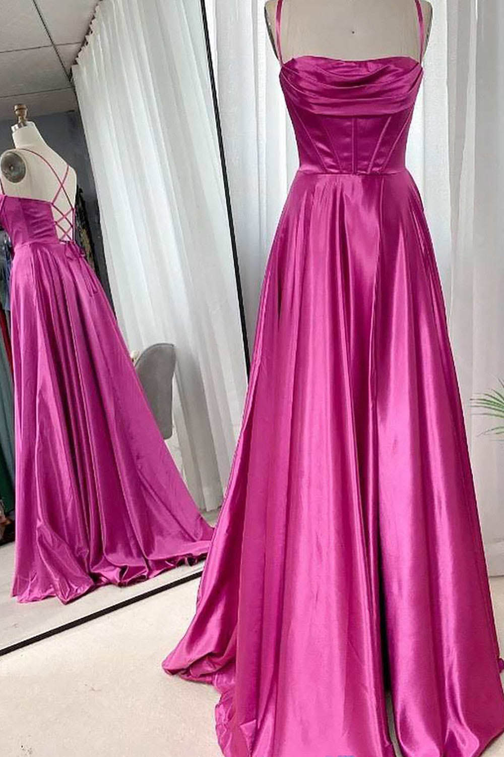 Satin Evening Gown Sexy Spaghetti Strap Corset Prom Dress With Slit Ms2510161