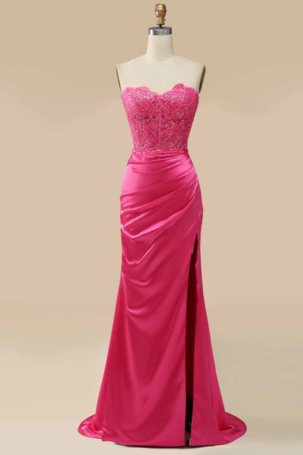 Strapless Corset Prom Dress Sequin Lace High Slit Satin Party Gown Ms2510186