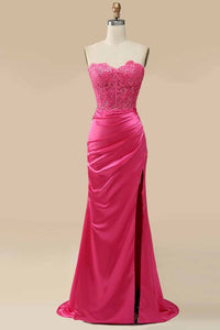 Strapless Corset Prom Dress Sequin Lace High Slit Satin Party Gown Ms2510186