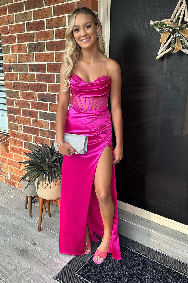 Satin Corset Prom Dress With Slit Strapless Mermaid Evening Gown Ms2511181