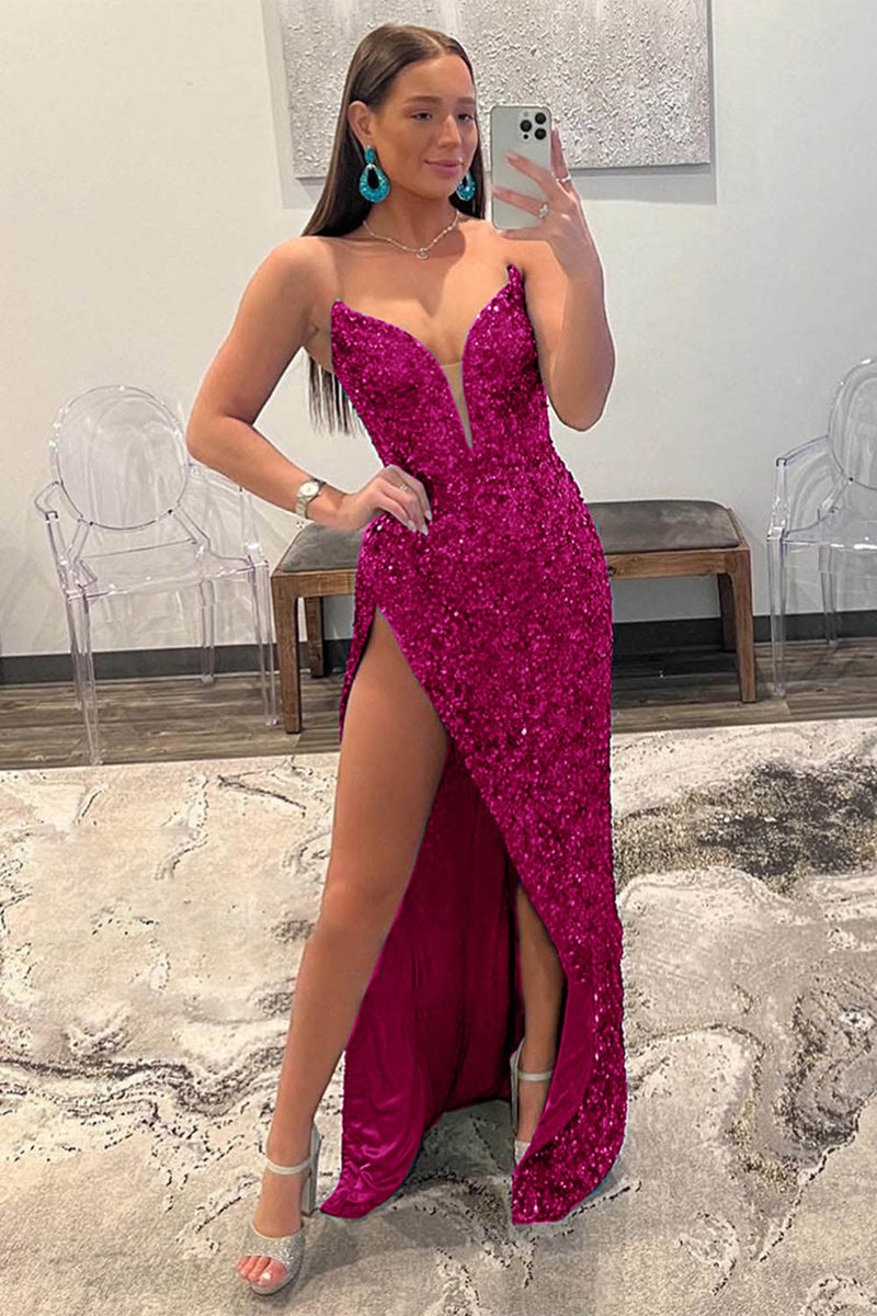 Fuchisa Sequin Prom Dress Sexy High Slit Mermaid Sparkly Formal Dress Ms2511182