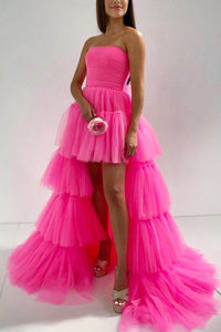 Strapless Prom Dress Layered Tulle High Slit Evening Party Dress MS2509265