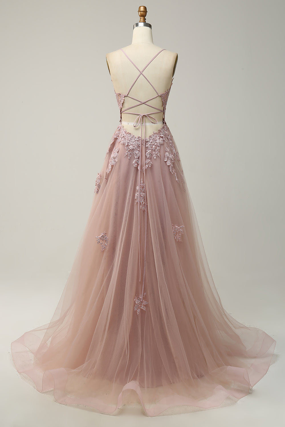 V Neck Prom Dress A-Line Spaghetti Straps Lace Applique Formal Gown Ms2509011