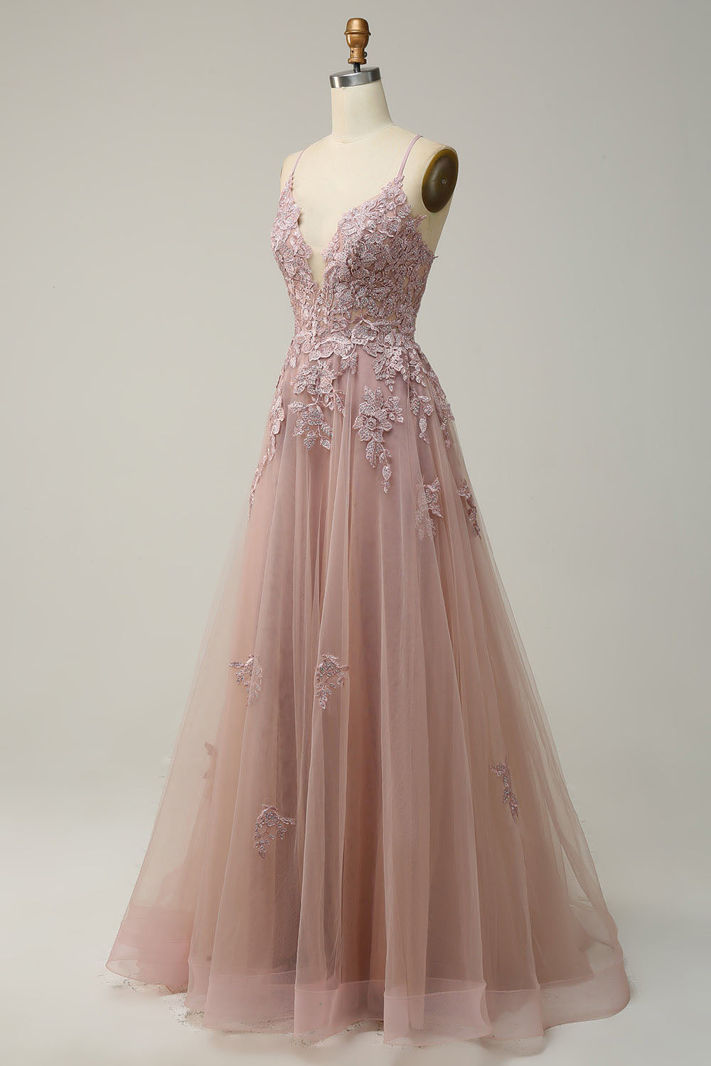 V Neck Prom Dress A-Line Spaghetti Straps Lace Applique Formal Gown Ms2509011