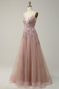 V Neck Prom Dress A-Line Spaghetti Straps Lace Applique Formal Gown Ms2509011