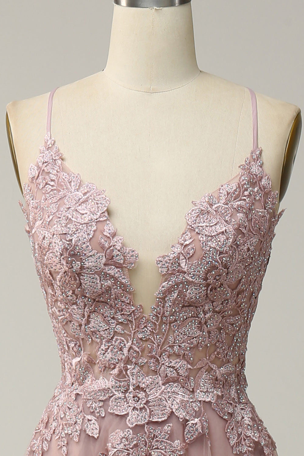 V Neck Prom Dress A-Line Spaghetti Straps Lace Applique Formal Gown Ms2509011