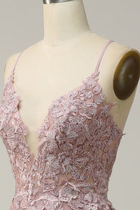 V Neck Prom Dress A-Line Spaghetti Straps Lace Applique Formal Gown Ms2509011