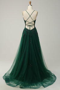 V Neck Prom Dress A-Line Spaghetti Straps Lace Applique Formal Gown Ms2509011