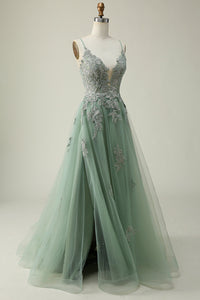 V Neck Prom Dress A-Line Spaghetti Straps Lace Applique Formal Gown Ms2509011