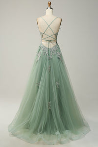 V Neck Prom Dress A-Line Spaghetti Straps Lace Applique Formal Gown Ms2509011