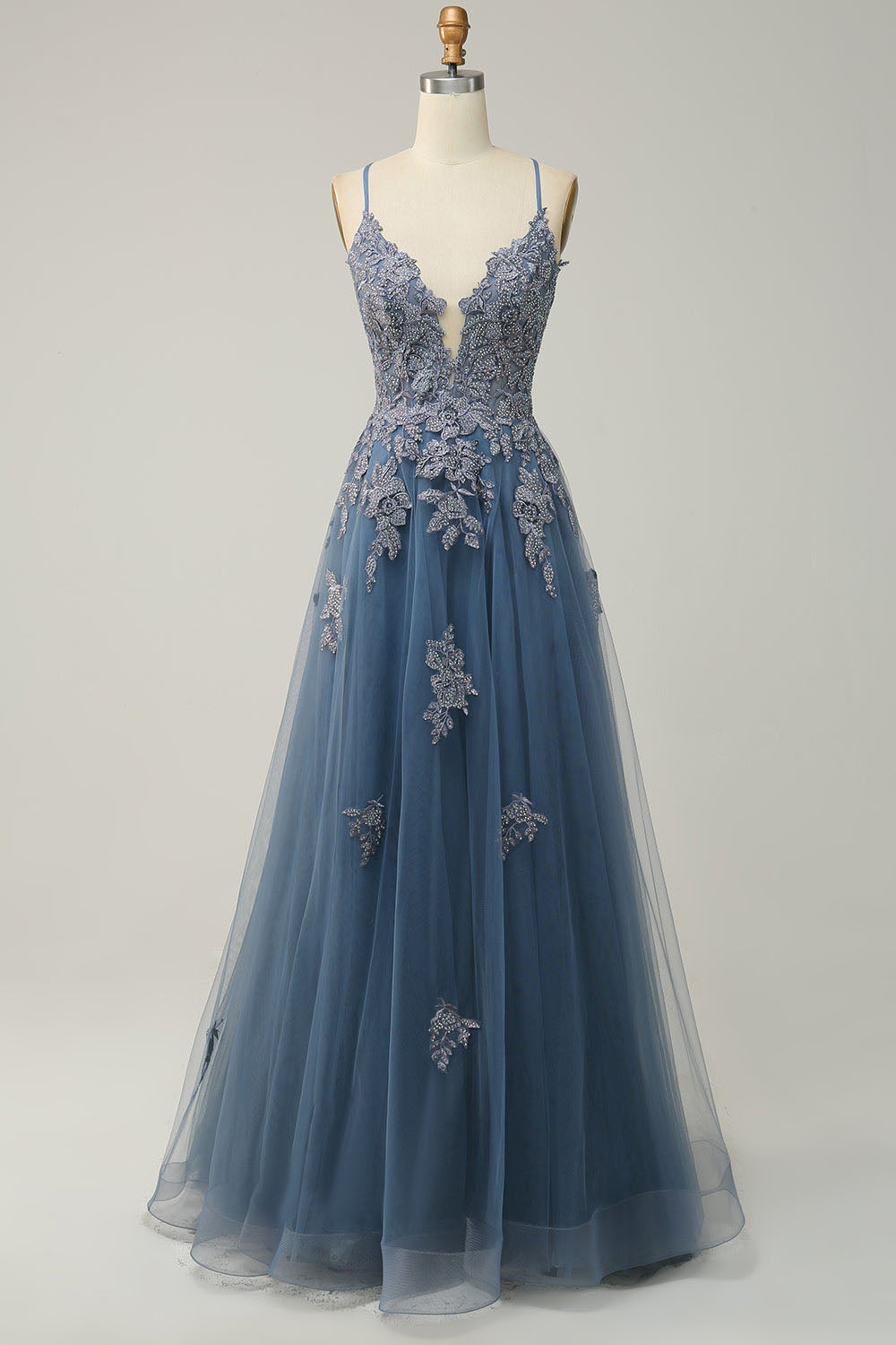 V Neck Prom Dress A-Line Spaghetti Straps Lace Applique Formal Gown Ms2509011